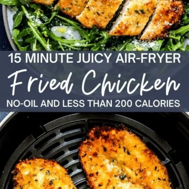 Crispy air fryer breaded chicken breast on a plate with herbs