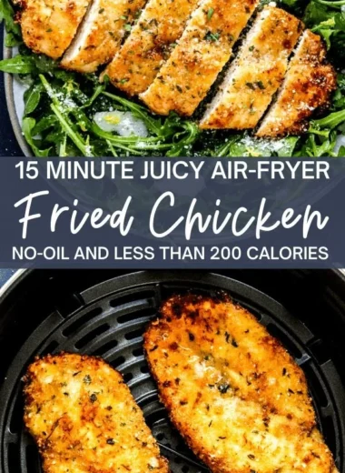 Crispy air fryer breaded chicken breast on a plate with herbs