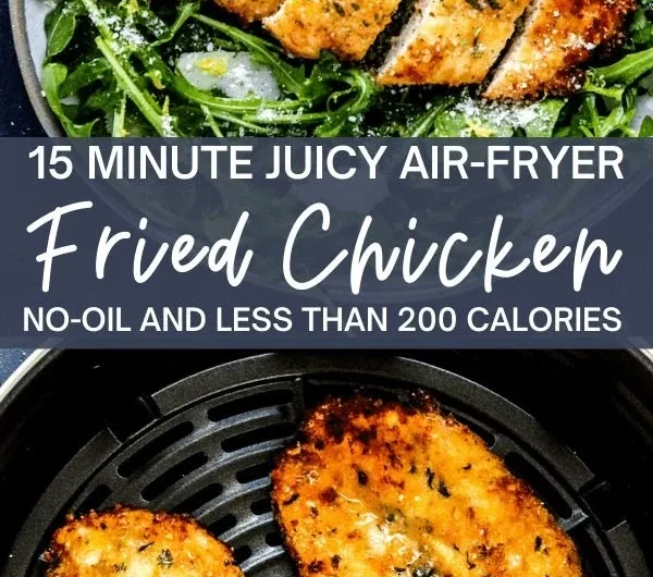 Crispy air fryer breaded chicken breast on a plate with herbs