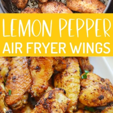 Plate of crispy air fryer lemon pepper wings with lemon slices