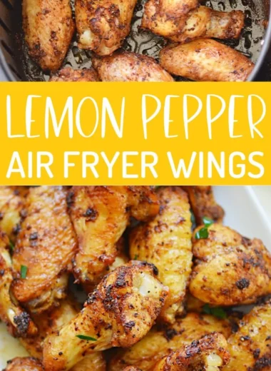 Plate of crispy air fryer lemon pepper wings with lemon slices