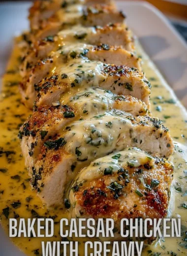 Baked Caesar Chicken with Creamy Parmesan Sauce on a serving plate