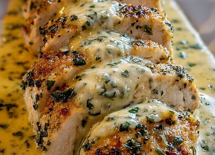 Baked Caesar Chicken with Creamy Parmesan Sauce on a serving plate