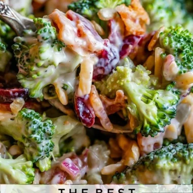 Delicious and healthy broccoli salad with toppings and dressing