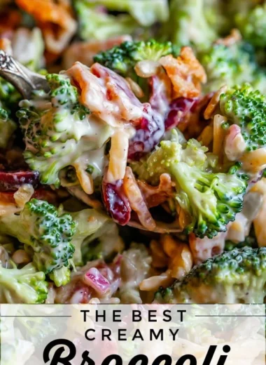 Delicious and healthy broccoli salad with toppings and dressing