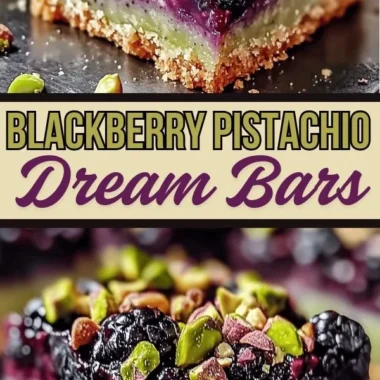 Delicious Blackberry Pistachio Dream Bars decorated with blackberries and pistachios.