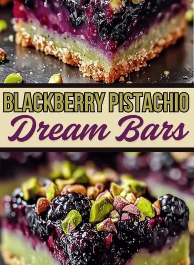 Delicious Blackberry Pistachio Dream Bars decorated with blackberries and pistachios.