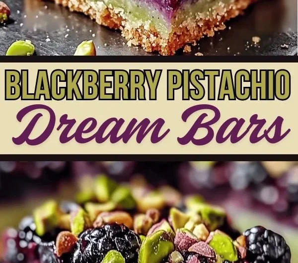 Delicious Blackberry Pistachio Dream Bars decorated with blackberries and pistachios.