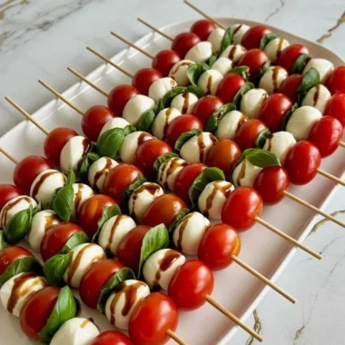 Colorful Caprese Skewers with mozzarella, tomatoes, and basil on a platter