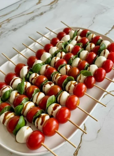 Colorful Caprese Skewers with mozzarella, tomatoes, and basil on a platter