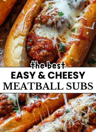 Delicious cheesy meatball subs topped with melted cheese and marinara sauce