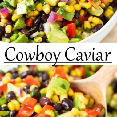 Bowl of colorful Cowboy Caviar salad with beans, corn, and veggies.