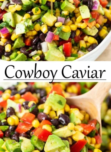 Bowl of colorful Cowboy Caviar salad with beans, corn, and veggies.