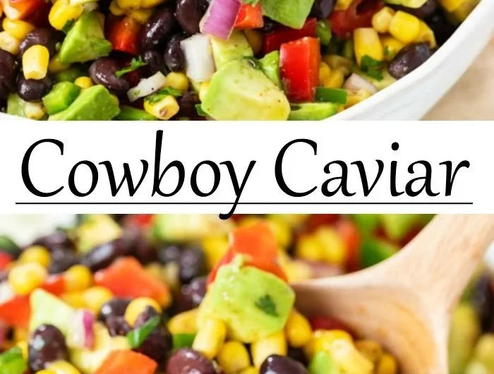 Bowl of colorful Cowboy Caviar salad with beans, corn, and veggies.