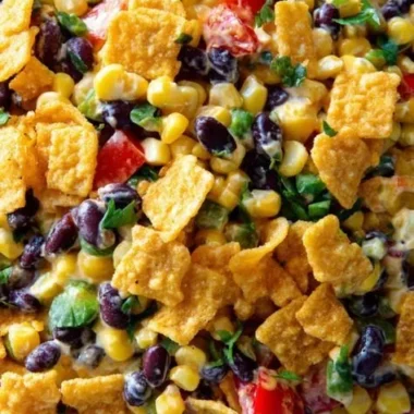 Delicious creamy Frito corn salad in a bowl, perfect for summer picnics.