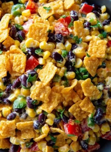 Delicious creamy Frito corn salad in a bowl, perfect for summer picnics.