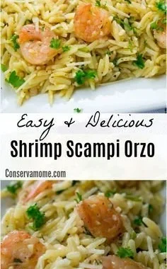 Bowl of easy shrimp scampi orzo with garlic and herbs