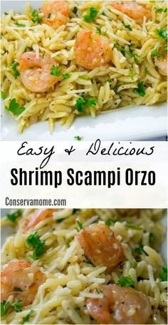 Bowl of easy shrimp scampi orzo with garlic and herbs