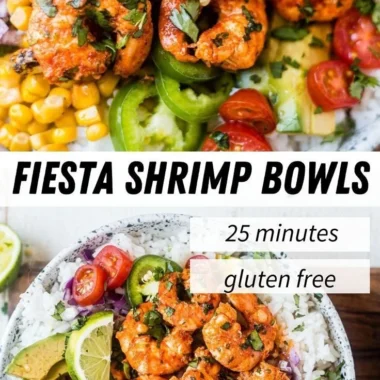 Colorful Fiesta Lime Shrimp Bowl topped with fresh cilantro and lime wedges