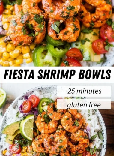 Colorful Fiesta Lime Shrimp Bowl topped with fresh cilantro and lime wedges