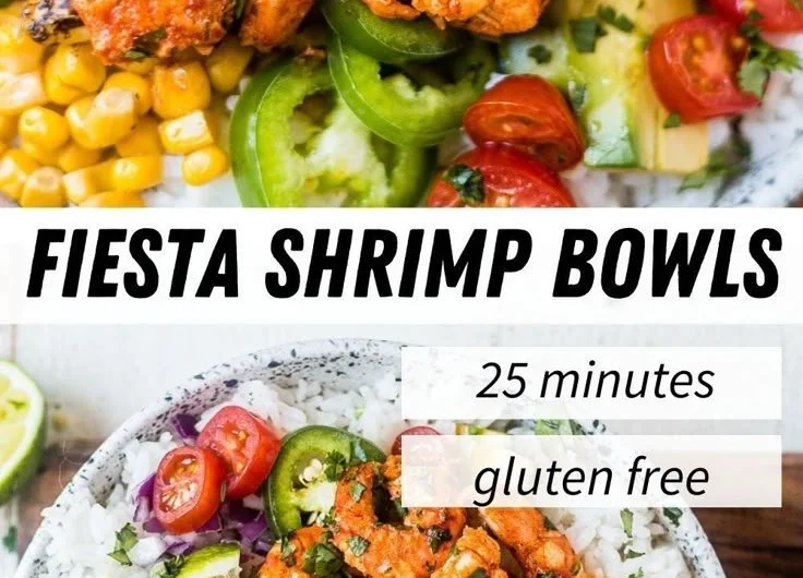 Colorful Fiesta Lime Shrimp Bowl topped with fresh cilantro and lime wedges