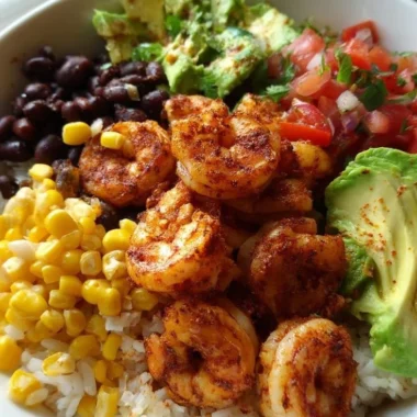 Fiesta shrimp rice bowl with colorful vegetables and rice served in a bowl
