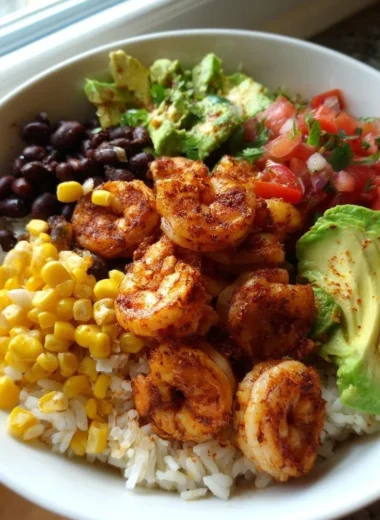 Fiesta shrimp rice bowl with colorful vegetables and rice served in a bowl