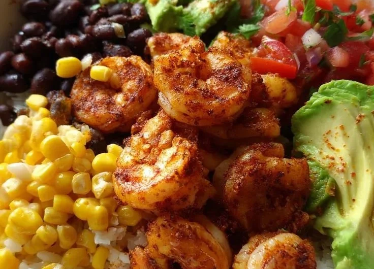 Fiesta shrimp rice bowl with colorful vegetables and rice served in a bowl