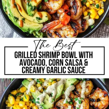 Grilled shrimp bowl with avocado, corn salsa, and creamy garlic sauce