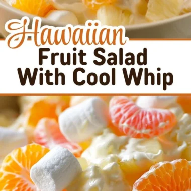 Delicious Hawaiian Fruit Salad topped with Cool Whip in a bowl