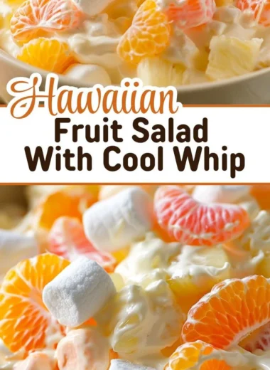 Delicious Hawaiian Fruit Salad topped with Cool Whip in a bowl