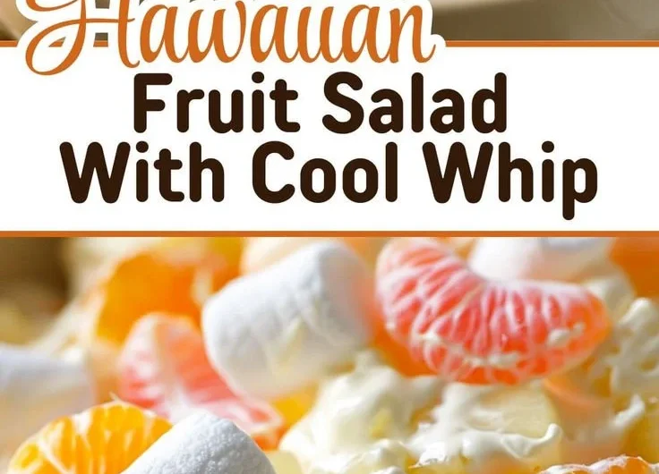 Delicious Hawaiian Fruit Salad topped with Cool Whip in a bowl