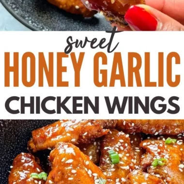 Delicious Honey Garlic Chicken Wings garnished with sesame seeds and green onions.