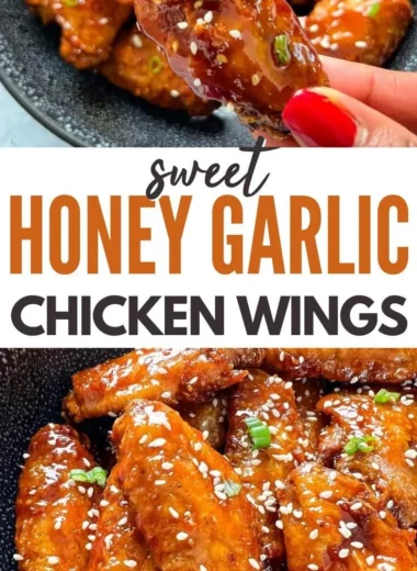 Delicious Honey Garlic Chicken Wings garnished with sesame seeds and green onions.