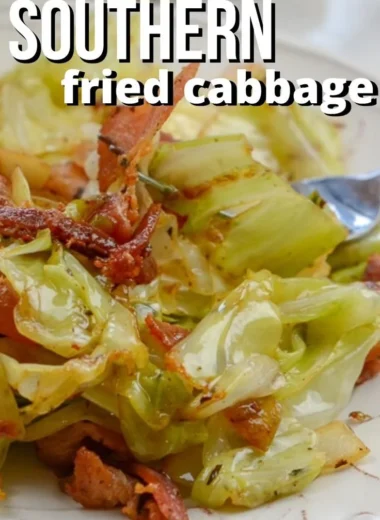 Southern fried cabbage with crispy bacon served in a skillet