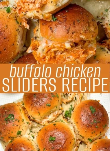 Spicy Buffalo chicken sliders on a plate with fresh toppings