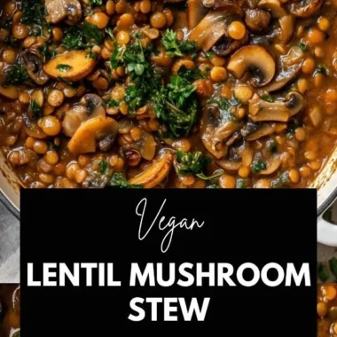 Delicious Vegan Lentil Mushroom Stew in a bowl with fresh herbs and vegetables.
