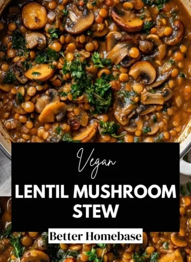 Delicious Vegan Lentil Mushroom Stew in a bowl with fresh herbs and vegetables.
