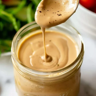 Creamy balsamic dressing served in a bowl with salad ingredients