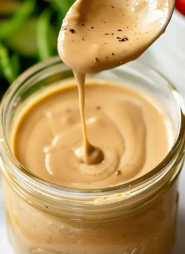 Creamy balsamic dressing served in a bowl with salad ingredients