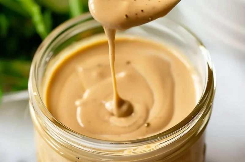 Creamy balsamic dressing served in a bowl with salad ingredients