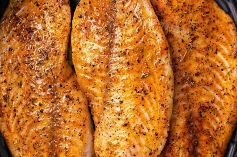 Delicious Air Fryer Tilapia garnished with herbs and lemon slices