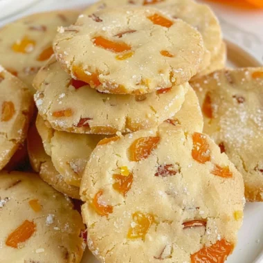Close-up of homemade Apricot Almond Shortbread cookies on a plate.