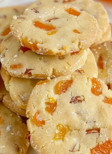 Close-up of homemade Apricot Almond Shortbread cookies on a plate.