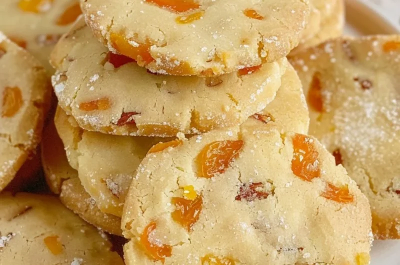 Close-up of homemade Apricot Almond Shortbread cookies on a plate.