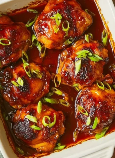 Baked teriyaki chicken garnished with sesame seeds and green onions