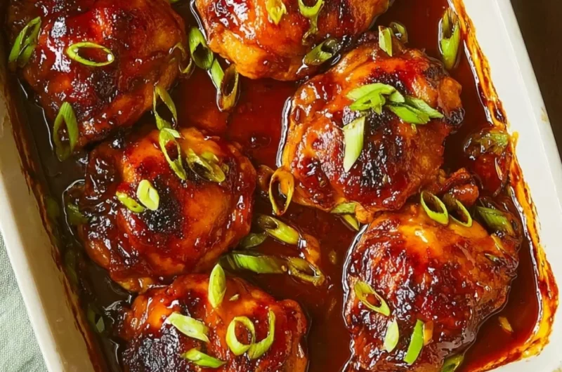 Baked teriyaki chicken garnished with sesame seeds and green onions