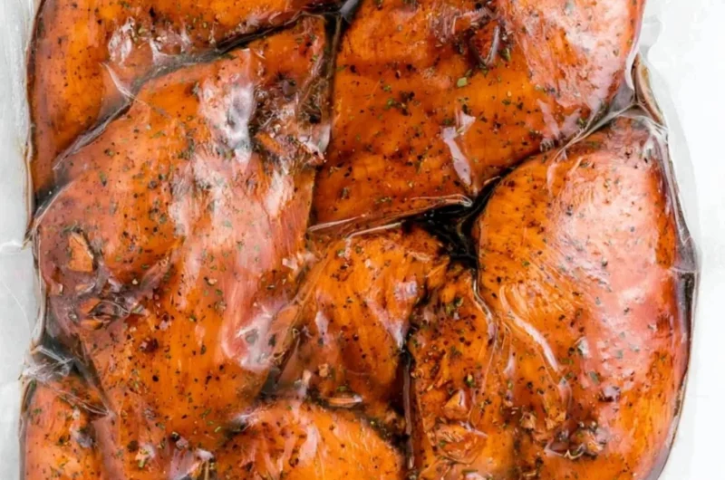 Marinated balsamic chicken ready for grilling with fresh herbs