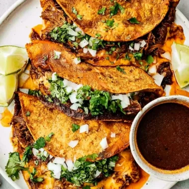 Delicious Beef Birria Tacos topped with gooey cheese and fresh herbs
