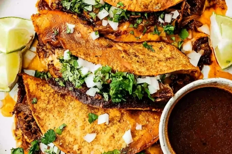 Delicious Beef Birria Tacos topped with gooey cheese and fresh herbs